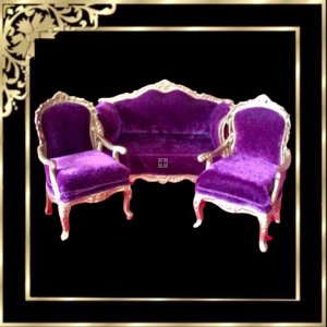 D1151 Regal 3 Piece Gold Timber Sofa Seat Purple Coloured Fabric