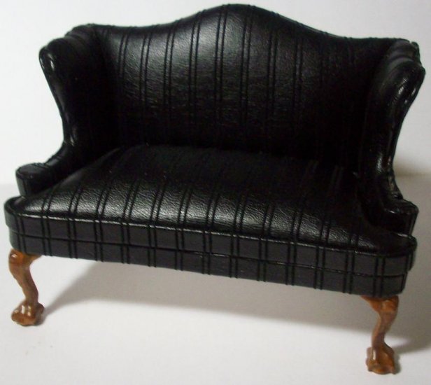 D802202 Black Leather Self Stripe Wingback Sofa - Click Image to Close